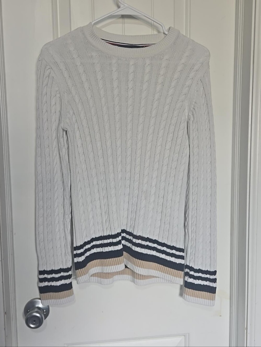 Tommy Hilfiger White Cable Knit Cotton Sweater Navy Striped Trim Size M